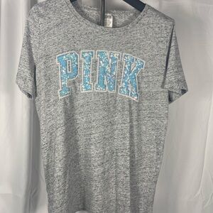 PINK Victoria's Secret Heather Gray Tee w/ Sequined Blue shimmer Logo Accents
